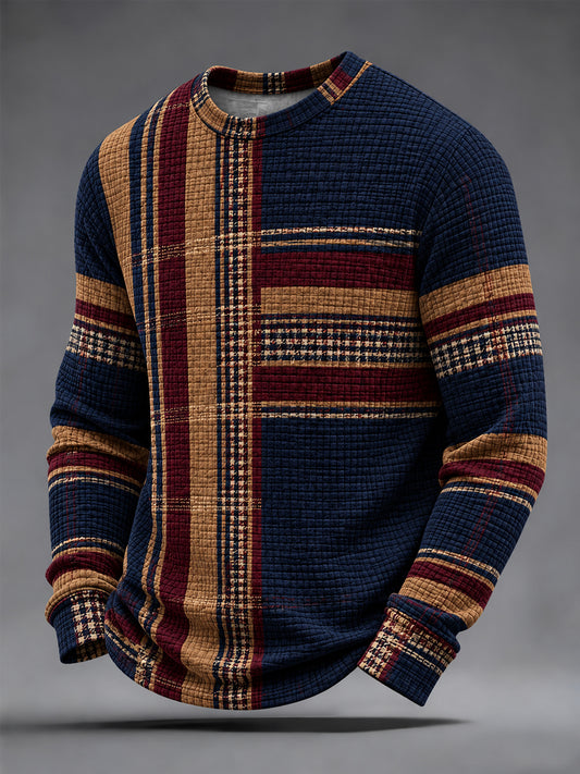 Men's Retro Plaid Print Casual Waffle Long Sleeve T-Shirt
