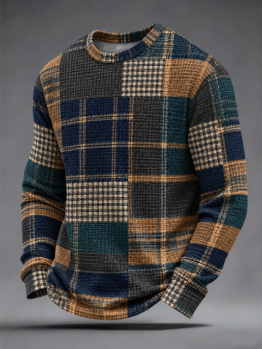 Men's Retro Plaid Print Casual Waffle Long Sleeve T-Shirt
