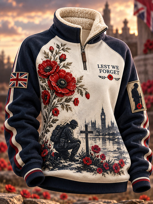 Women’s Fleece-Lined High-Neck Sweatshirt With Remembrance Day-Themed Veteran Tribute Print