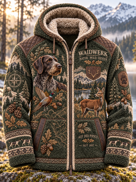 Men's Hunting Season Stag and Hound Print Pocket Zip Up Flannel Jacket
