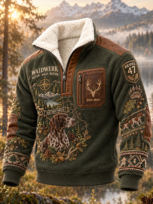 Men's Hunting Season Waidmannsheil Forest Game Reserve Stag and Hound Print Polo Sweatshirt