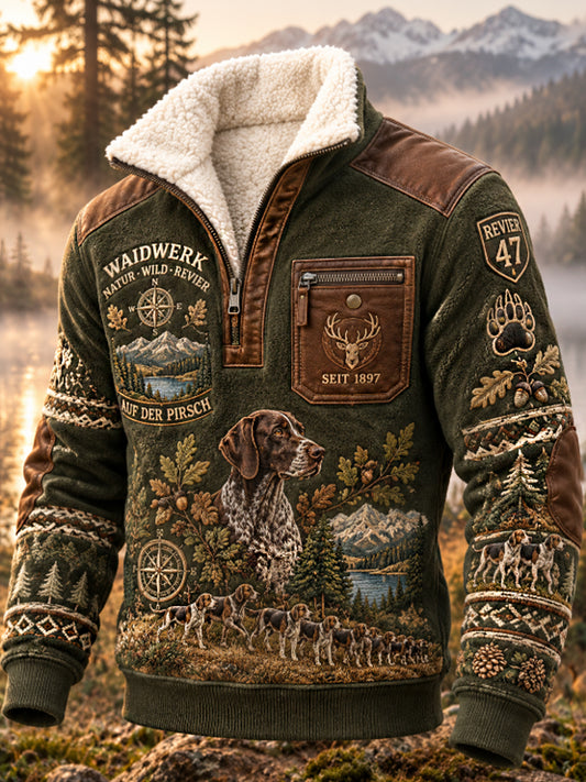 Men's Hunting Season Waidmannsheil Forest Game Reserve Stag and Hound Print Polo Sweatshirt