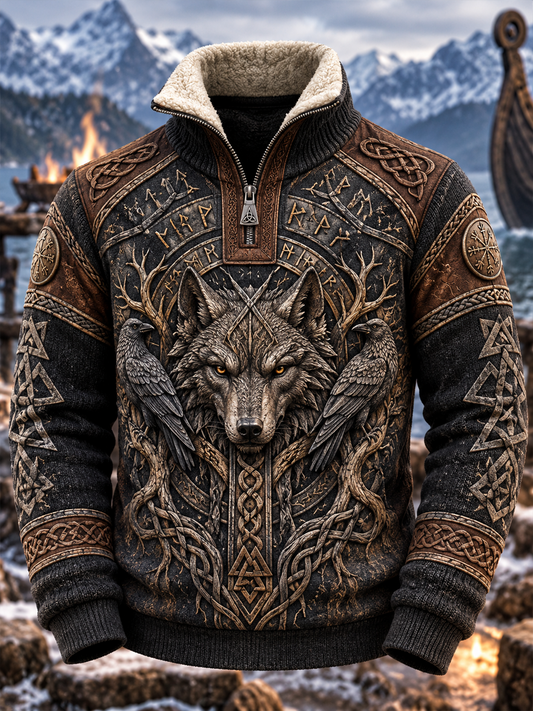 Men's Viking Art Placketed Sleeve Sweater