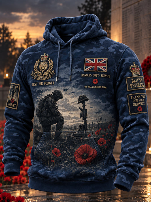 Men’s Long-Sleeve Hooded Sweatshirt With Veteran-Themed Graphic Print