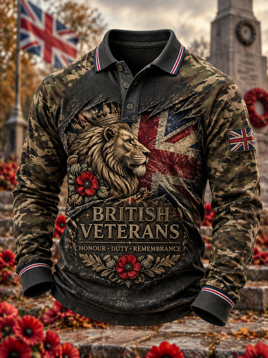 Men’s Veteran Memorial-Themed Long-Sleeve Raglan-Sleeve Polo Shirt