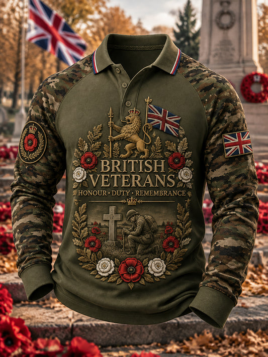 Men’s Veteran Memorial-Themed Long-Sleeve Raglan-Sleeve Polo Shirt
