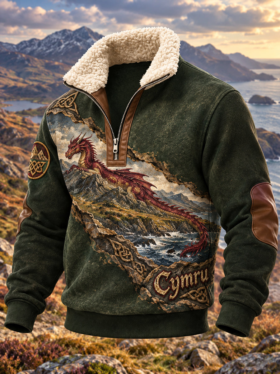 Men's UK Wales 1/4 Zip Lamb Fleece Stand Collar Sweatshirt
