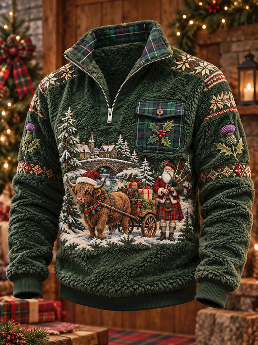 Unisex Scotland Christmas Art Printed Flannel Sweatshirt
