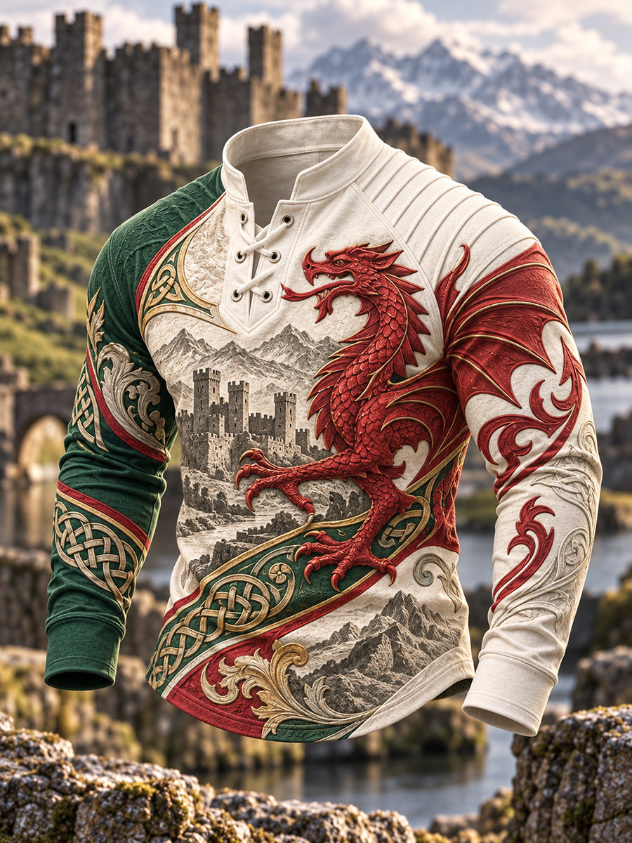 Men's Retro British Wales Printed Velvet Raglan Top