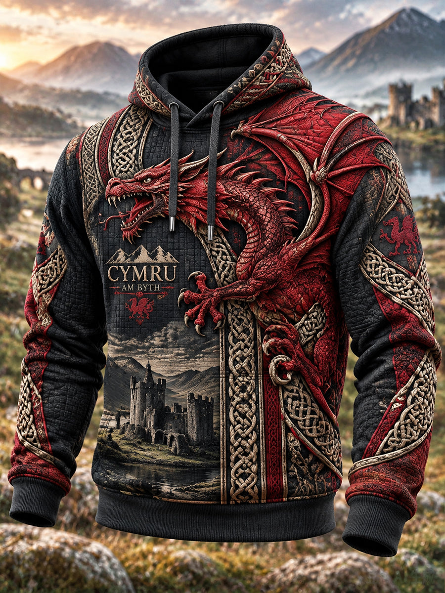 Men's Retro British Wales Printed Checkered Cotton Hoodie