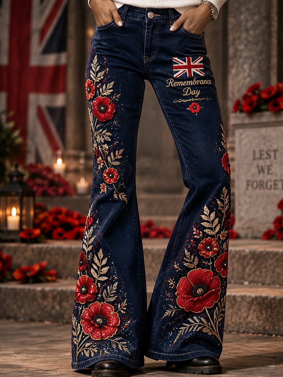 Women's Veteran-Themed Remembrance Day Print Long Flared Trousers